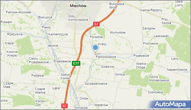 mapa Parkoszowice, Parkoszowice gmina Miechów na mapie Targeo