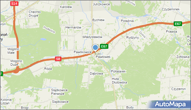 mapa Pawłówek, Pawłówek gmina Dłutów na mapie Targeo