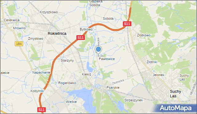 mapa Pawłowice, Pawłowice gmina Rokietnica na mapie Targeo