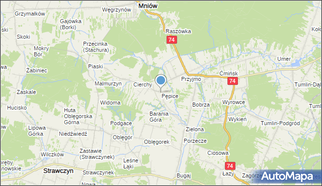 mapa Pępice, Pępice gmina Mniów na mapie Targeo