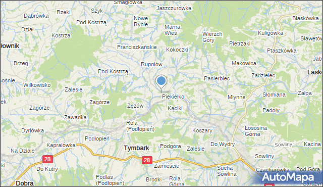mapa Piekiełko, Piekiełko gmina Tymbark na mapie Targeo