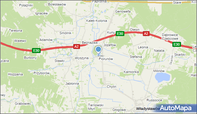 mapa Piorunów, Piorunów gmina Władysławów na mapie Targeo