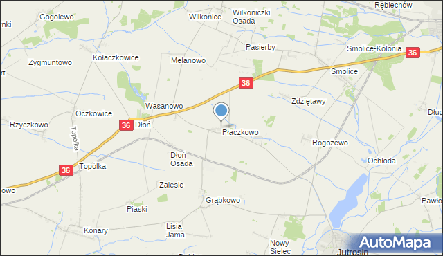 mapa Płaczkowo, Płaczkowo gmina Jutrosin na mapie Targeo