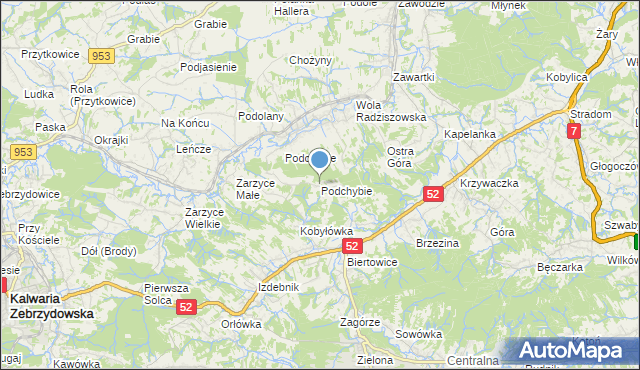 mapa Podchybie, Podchybie gmina Lanckorona na mapie Targeo