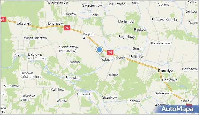 mapa Podgaj, Podgaj gmina Paradyż na mapie Targeo