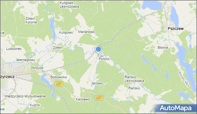 mapa Policko, Policko gmina Pszczew na mapie Targeo