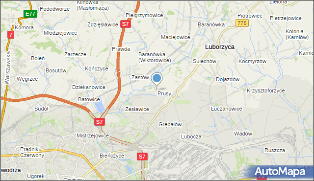 mapa Prusy, Prusy gmina Kocmyrzów-Luborzyca na mapie Targeo