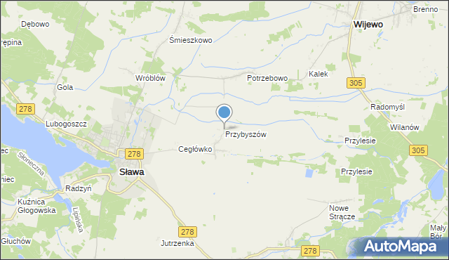mapa Przybyszów, Przybyszów gmina Sława na mapie Targeo