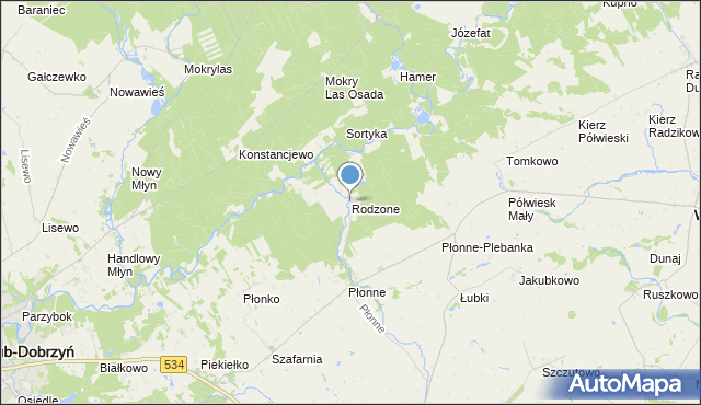 mapa Rodzone, Rodzone gmina Radomin na mapie Targeo