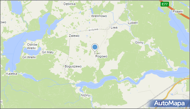 mapa Rogowo, Rogowo gmina Miłomłyn na mapie Targeo