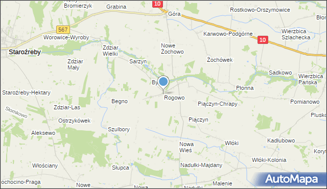 mapa Rogowo, Rogowo gmina Staroźreby na mapie Targeo