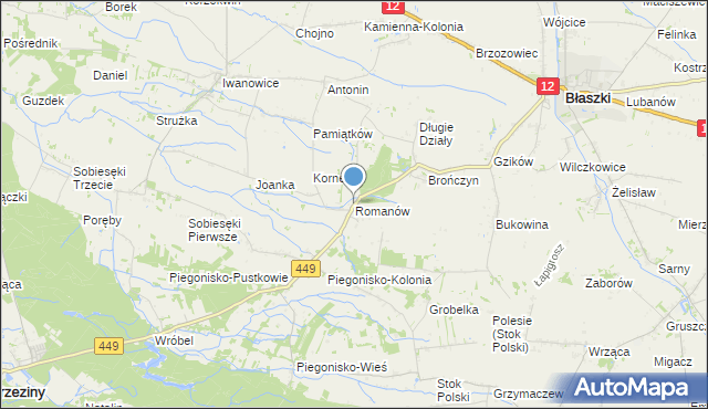 mapa Romanów, Romanów gmina Błaszki na mapie Targeo