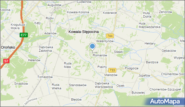 mapa Romanów, Romanów gmina Kowala na mapie Targeo