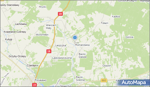 mapa Romanówka, Romanówka gmina Siemiatycze na mapie Targeo