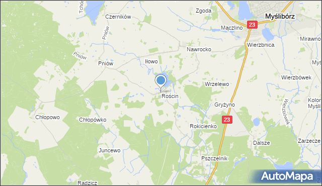 mapa Rościn, Rościn gmina Myślibórz na mapie Targeo
