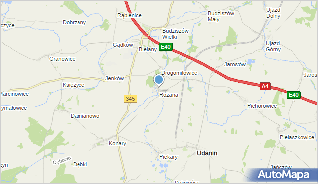 mapa Różana, Różana gmina Udanin na mapie Targeo