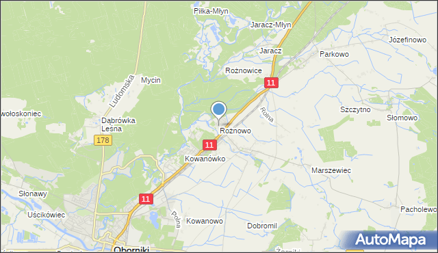 mapa Rożnowo, Rożnowo gmina Oborniki na mapie Targeo