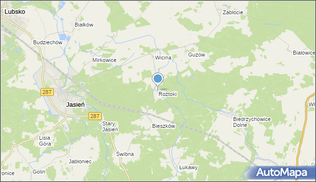 mapa Roztoki, Roztoki gmina Jasień na mapie Targeo