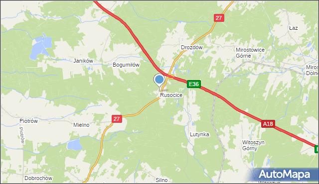 mapa Rusocice, Rusocice gmina Żary na mapie Targeo