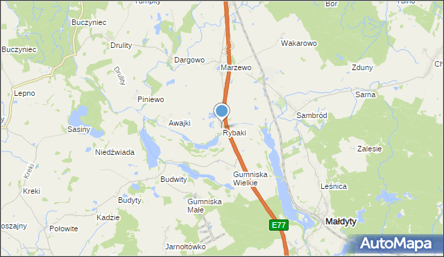 mapa Rybaki, Rybaki gmina Małdyty na mapie Targeo
