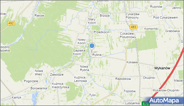 mapa Rybna, Rybna gmina Mykanów na mapie Targeo