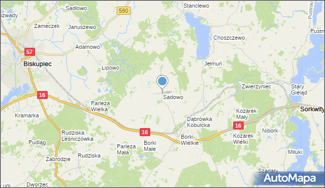 mapa Sadowo, Sadowo gmina Biskupiec na mapie Targeo