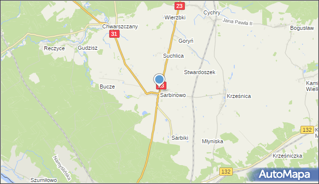 mapa Sarbinowo, Sarbinowo gmina Dębno na mapie Targeo