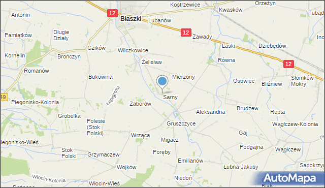 mapa Sarny, Sarny gmina Błaszki na mapie Targeo