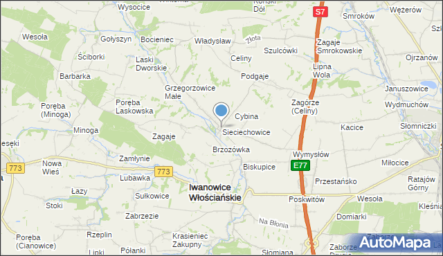 mapa Sieciechowice, Sieciechowice gmina Iwanowice na mapie Targeo