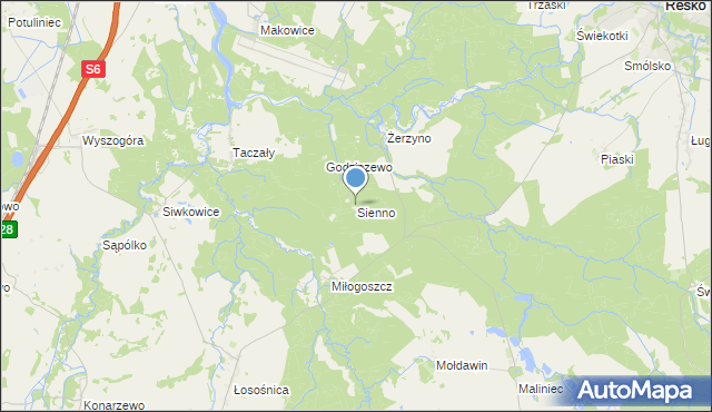mapa Sienno, Sienno gmina Resko na mapie Targeo