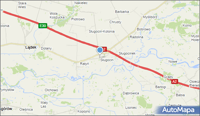 mapa Sługocin, Sługocin gmina Lądek na mapie Targeo