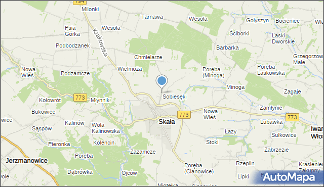 mapa Sobiesęki, Sobiesęki gmina Skała na mapie Targeo