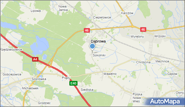 mapa Sokolniki, Sokolniki gmina Dąbrowa na mapie Targeo