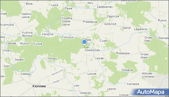 mapa Sowizdrzały, Sowizdrzały gmina Klonowa na mapie Targeo
