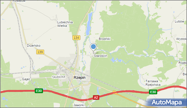 mapa Starościn, Starościn gmina Rzepin na mapie Targeo