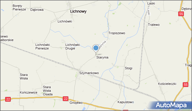 mapa Starynia, Starynia gmina Lichnowy na mapie Targeo