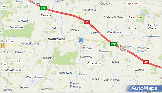 mapa Starzyny, Starzyny gmina Wartkowice na mapie Targeo