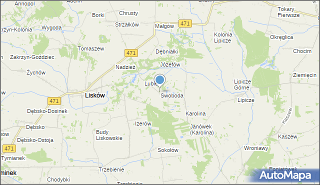mapa Swoboda, Swoboda gmina Lisków na mapie Targeo