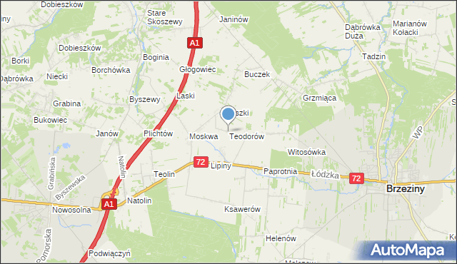 mapa Teodorów, Teodorów gmina Brzeziny na mapie Targeo