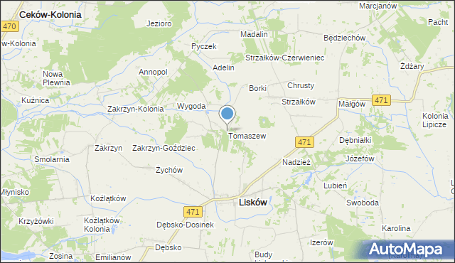 mapa Tomaszew, Tomaszew gmina Lisków na mapie Targeo