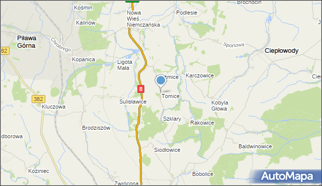 mapa Tomice, Tomice gmina Ciepłowody na mapie Targeo