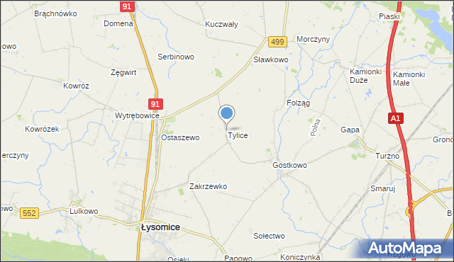 mapa Tylice, Tylice gmina Łysomice na mapie Targeo