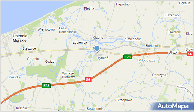 mapa Tymień, Tymień gmina Będzino na mapie Targeo