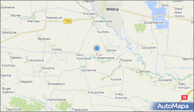 mapa Wawrowice, Wawrowice gmina Wiślica na mapie Targeo