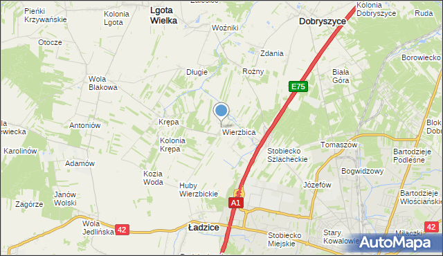 mapa Wierzbica, Wierzbica gmina Ładzice na mapie Targeo