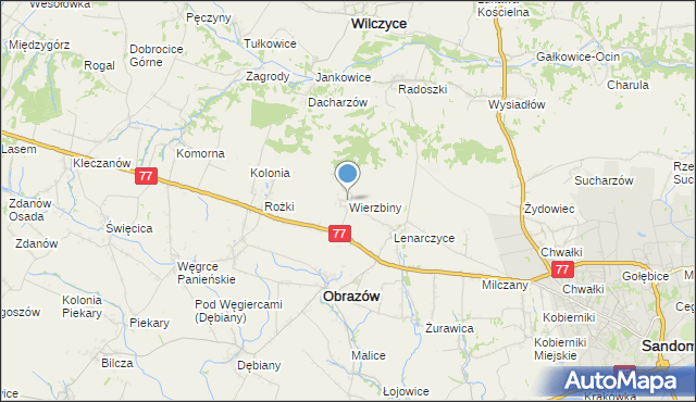 mapa Wierzbiny, Wierzbiny gmina Obrazów na mapie Targeo