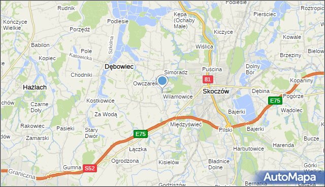 mapa Wilamowice, Wilamowice gmina Skoczów na mapie Targeo