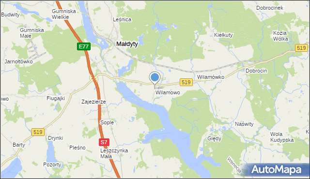 mapa Wilamowo, Wilamowo gmina Małdyty na mapie Targeo