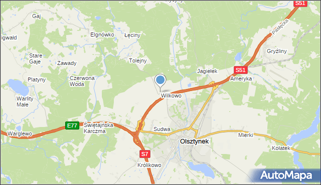 mapa Wilkowo, Wilkowo gmina Olsztynek na mapie Targeo