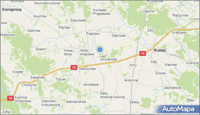 mapa Wincentów, Wincentów gmina Rusiec na mapie Targeo